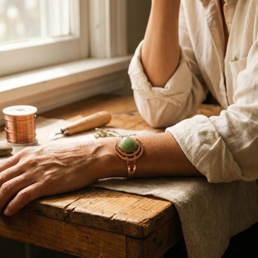 Kerstin Kupferarmband mit grüner Kupferkugel